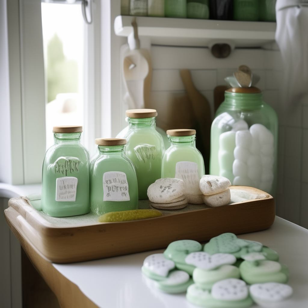 In a cozy cottage kitchen with mint green cabinets, a vintage white porcelain tray holds jars of Bread & Butter Pickles on the granite countertop. Crisp pickle chips in shades of emerald fill each jar, packed in a shimmering brine. A soft glow from the pendant lights above makes the jars sparkle like jewels. The handwritten labels read 'Bread & Butter Pickles' in a whimsical script.