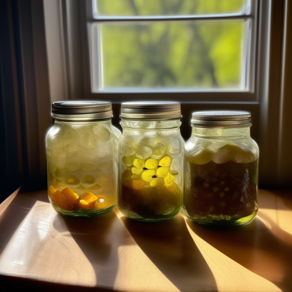 Three glass jars with Bread & Butter pickle chips submerged in brine, arranged on a wooden table with dappled sunlight streaming in through a nearby window