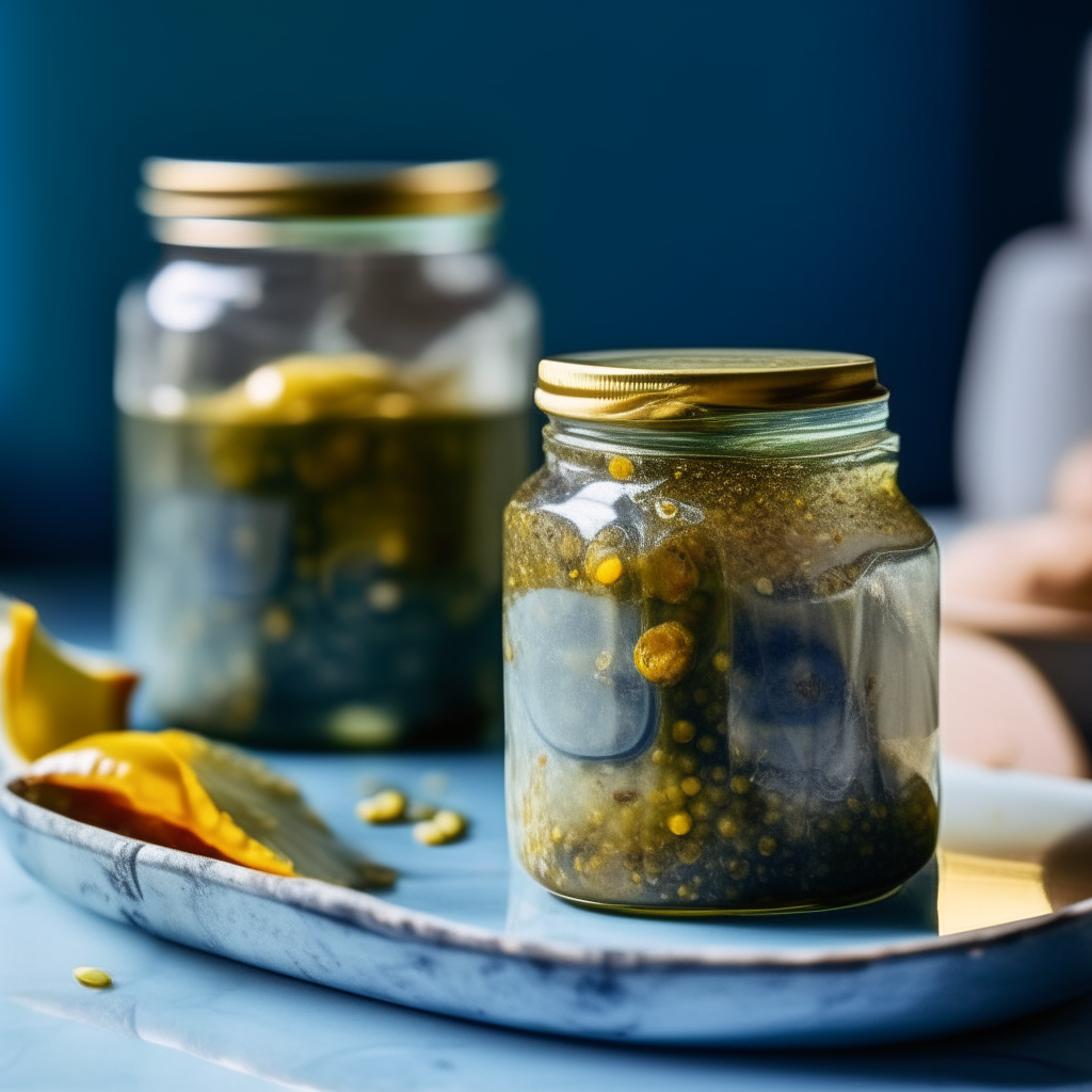 Two jars of Bread & Butter pickles on a marble countertop in a blue kitchen, filled with pickle slices and mustard seeds in brine, soft studio lighting creates bright highlights and shows the contents clearly in focus