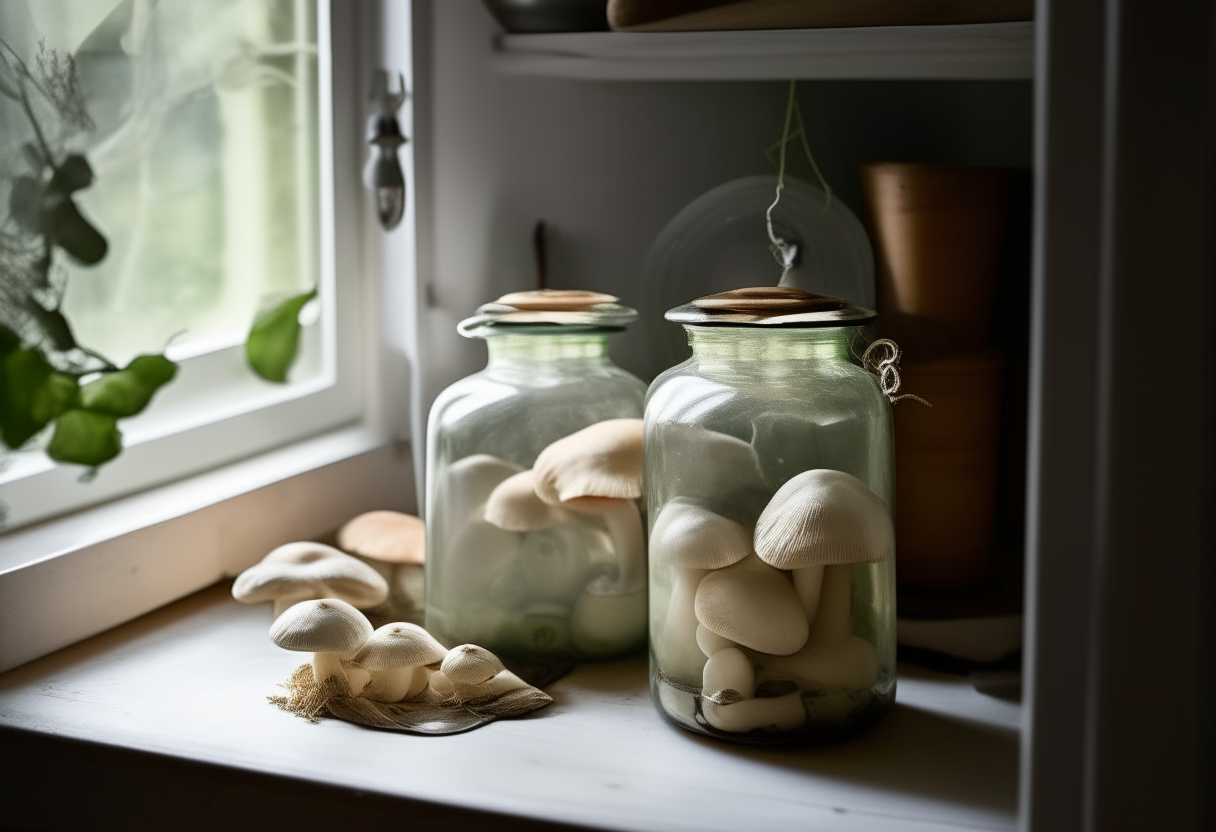 In the soft glow of a lantern-lit corner of a modern farmhouse kitchen, with muted green cabinets, a scene of Tarragon & Mushroom Pickles unfolds. On a worn white wooden table, two crystal-clear jars reveal layers of mushrooms intermingled with fragrant tarragon leaves, suspended in a savory brine. Their silver lids reflect the ambient light, casting a subtle gleam. Nestled beside the jars, a sprig of fresh tarragon, its aroma intoxicating. A slate-gray recipe card leans against a ceramic pitcher filled with wildflowers, its handwritten title 'Tarragon & Mushroom Pickles' beckoning one to unlock its secrets. This tableau resonates with a harmony of nature's gifts and culinary artistry.