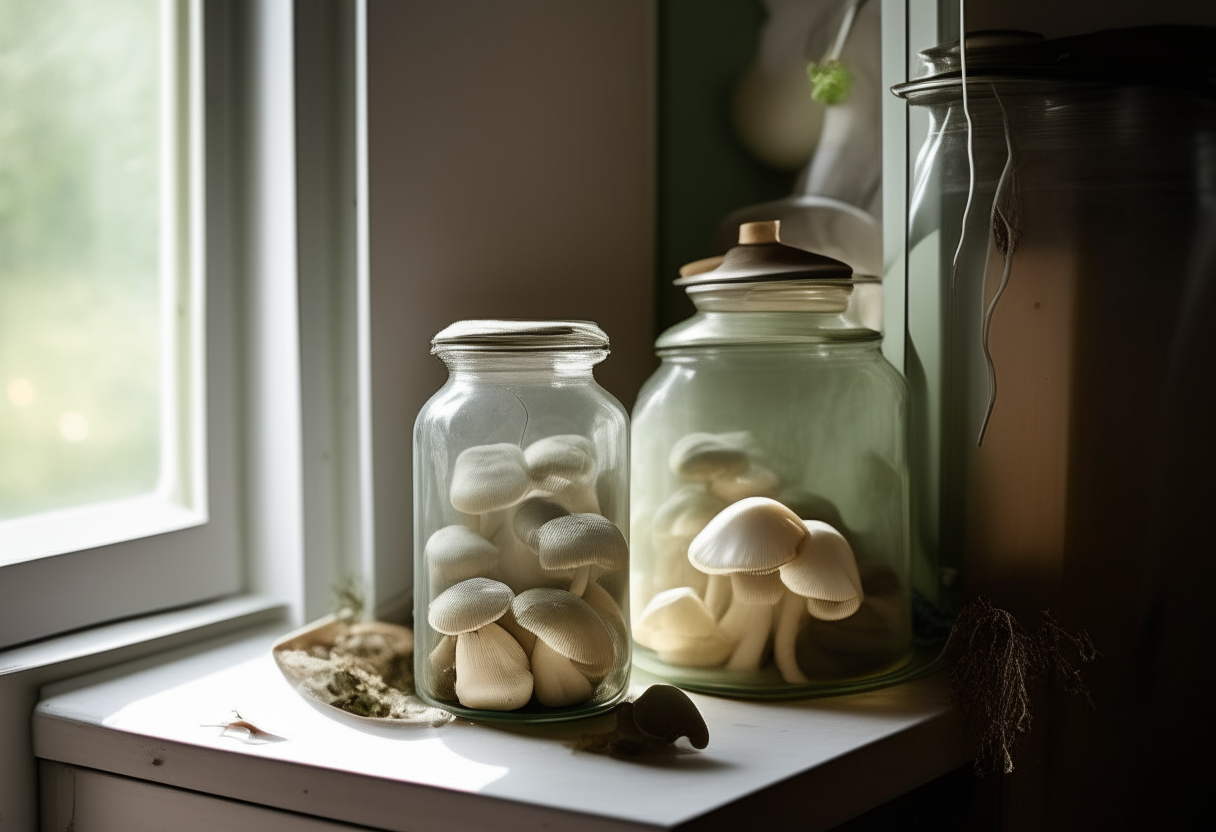 In the soft glow of a lantern-lit corner of a modern farmhouse kitchen, with muted green cabinets, a scene of Tarragon & Mushroom Pickles unfolds. On a worn white wooden table, two crystal-clear jars reveal layers of mushrooms intermingled with fragrant tarragon leaves, suspended in a savory brine. Their silver lids reflect the ambient light, casting a subtle gleam. Nestled beside the jars, a sprig of fresh tarragon, its aroma intoxicating. A slate-gray recipe card leans against a ceramic pitcher filled with wildflowers, its handwritten title 'Tarragon & Mushroom Pickles' beckoning one to unlock its secrets. This tableau resonates with a harmony of nature's gifts and culinary artistry.