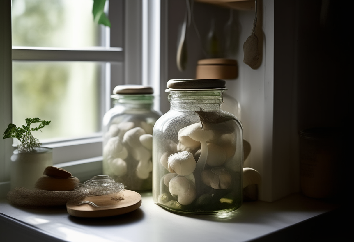 In the soft glow of a lantern-lit corner of a modern farmhouse kitchen, with muted green cabinets, a scene of Tarragon & Mushroom Pickles unfolds. On a worn white wooden table, two crystal-clear jars reveal layers of mushrooms intermingled with fragrant tarragon leaves, suspended in a savory brine. Their silver lids reflect the ambient light, casting a subtle gleam. Nestled beside the jars, a sprig of fresh tarragon, its aroma intoxicating. A slate-gray recipe card leans against a ceramic pitcher filled with wildflowers, its handwritten title 'Tarragon & Mushroom Pickles' beckoning one to unlock its secrets. This tableau resonates with a harmony of nature's gifts and culinary artistry.