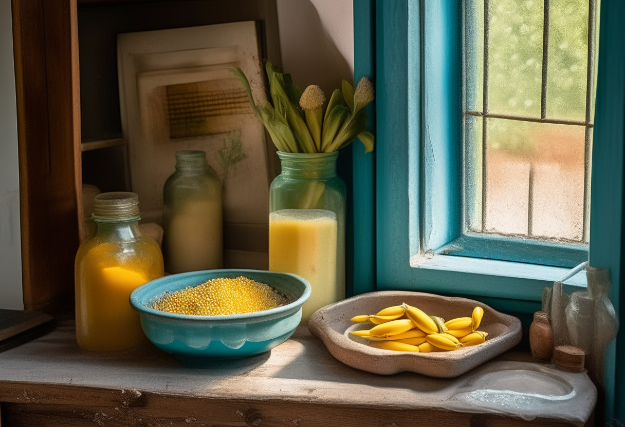 A rustic farmhouse kitchen with worn azure cabinets and white marble countertops. On a corner countertop, nestled between an earthen pot of basil and a salt-worn window frame, sits an aged ceramic platter. Upon this platter are meticulously arranged jars of Habanero Corn Cob Pickles. The amber hue of the spicy brine contrasts the vibrant yellows of the corn and fiery red-orange specks of habanero, capturing an ephemeral dance of color and texture. The silver jar lids catch the soft light filtering in, casting petite, playful reflections. Above the platter, hanging on a shabby chic wooden peg, is a hand-embroidered cloth with a pickle motif. Every detail in the room speaks of timeless tradition, a world where time slows just enough for one to savor the art of preservation.