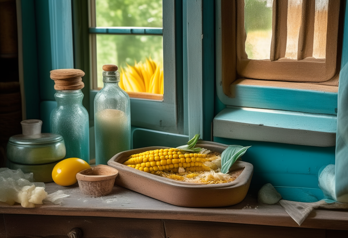 A rustic farmhouse kitchen with worn azure cabinets and white marble countertops. On a corner countertop, nestled between an earthen pot of basil and a salt-worn window frame, sits an aged ceramic platter. Upon this platter are meticulously arranged jars of Habanero Corn Cob Pickles. The amber hue of the spicy brine contrasts the vibrant yellows of the corn and fiery red-orange specks of habanero, capturing an ephemeral dance of color and texture. The silver jar lids catch the soft light filtering in, casting petite, playful reflections. Above the platter, hanging on a shabby chic wooden peg, is a hand-embroidered cloth with a pickle motif. Every detail in the room speaks of timeless tradition, a world where time slows just enough for one to savor the art of preservation.