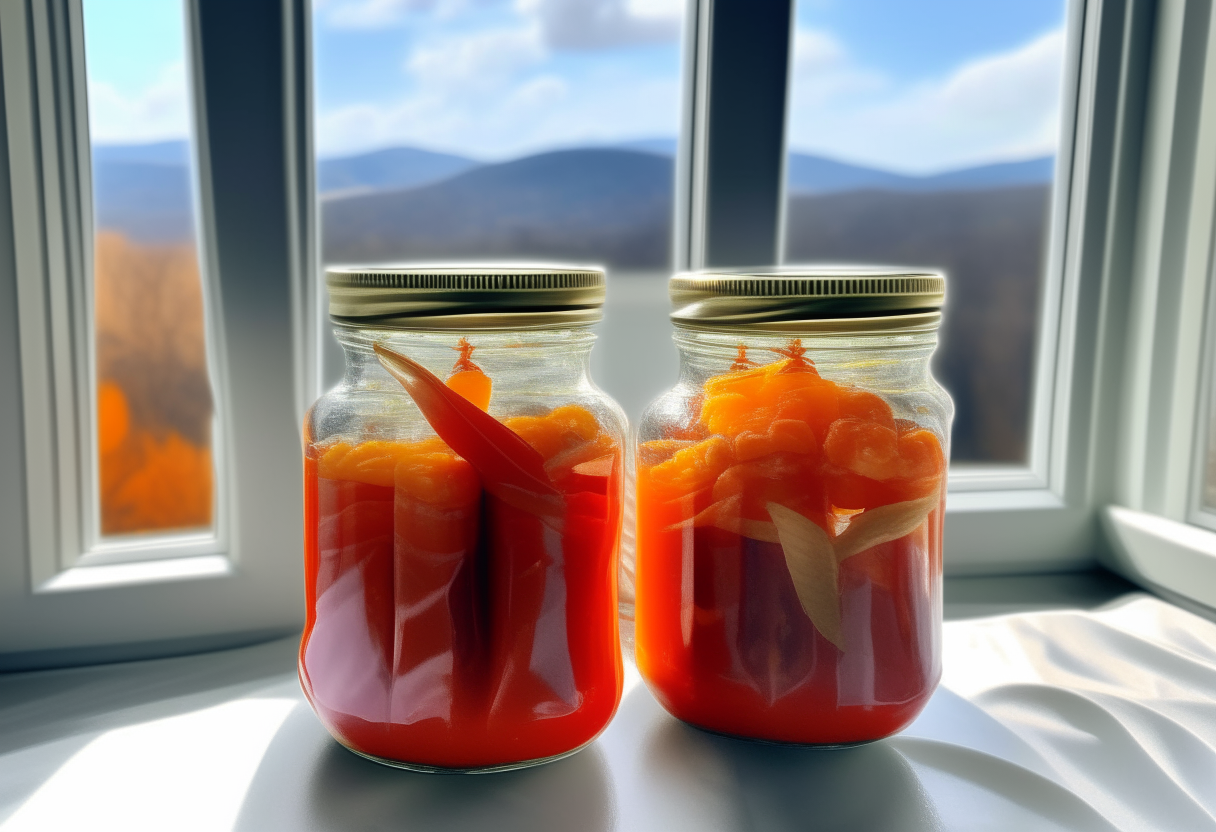 Two glass canning jars filled with Habanero Corn Cob Pickles sitting next to each other on a white marble kitchen countertop. The jars have silver lids and are backlit to showcase the vibrant red pickles and orange habanero specks inside the clear brine. A large window behind shows a scenic mountain landscape.