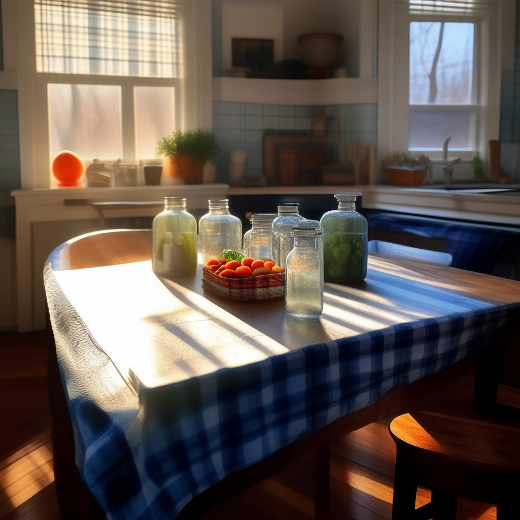 A modern house kitchen in New York City bathed in the gentle light of early evening. A faded blue and white checkered tablecloth lies spread on an old oak table. Centered on it, two mason jars, their silver lids reflecting the amber of the setting sun. Within, pickled Brussels sprouts, their rich green hue complemented by a hint of dill and red pepper flakes, sitting in a clear brine. The room whispers tales of generations past, while the jars stand as silent testimony to traditions preserved. The lighting is bright and clear, focused directly on the jars to showcase every detail in razor-sharp focus.