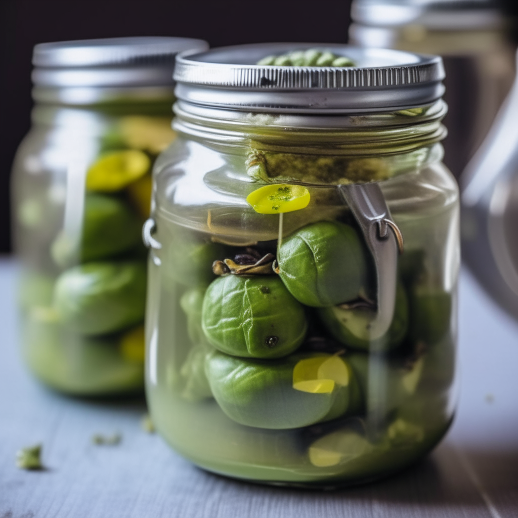 A close-up view of two mason jars filled with pickled brussels sprouts and brine, sharp focus on the sprouts and spices inside the jars