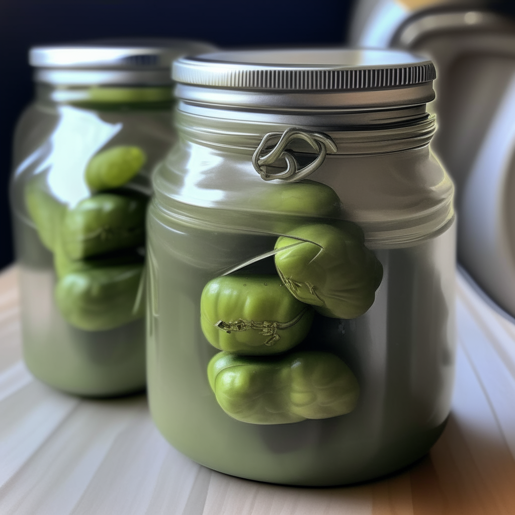 Two mason jars filled with pickled brussels sprouts, no metal handle, lid is sealed tight