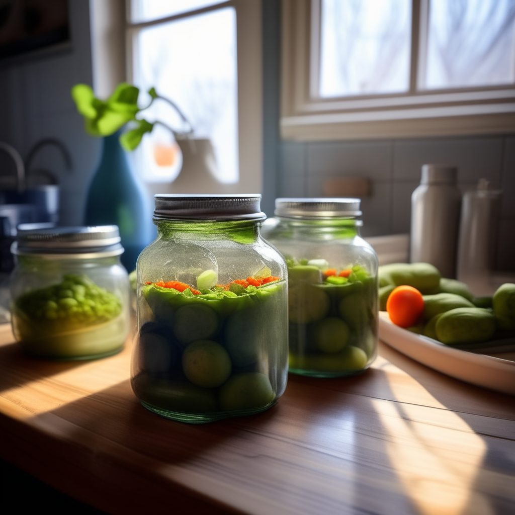 A close up view of a kitchen table with just two mason jars filled with pickled brussels sprouts and brine, sharp focus on the sprouts and spices inside the jars