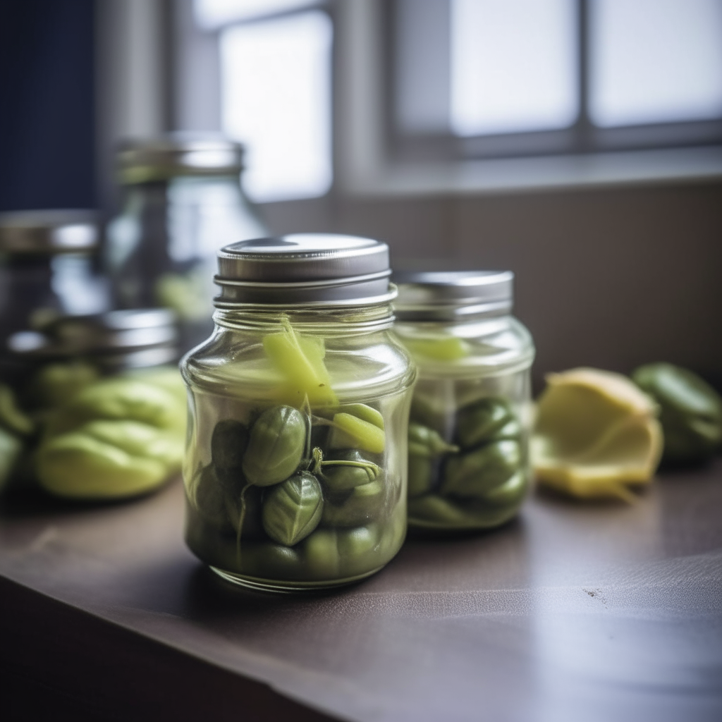 A close up view of two mason jars on a table filled with pickled brussels sprouts, no orange tones, sprouts clearly visible through the clear brine