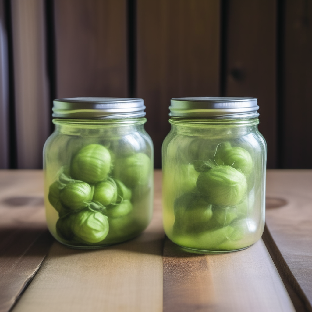 Two glass mason jars filled with pickled brussels sprouts on a wooden table, realistic glass material, straight sides, sprouts clearly visible through clear brine