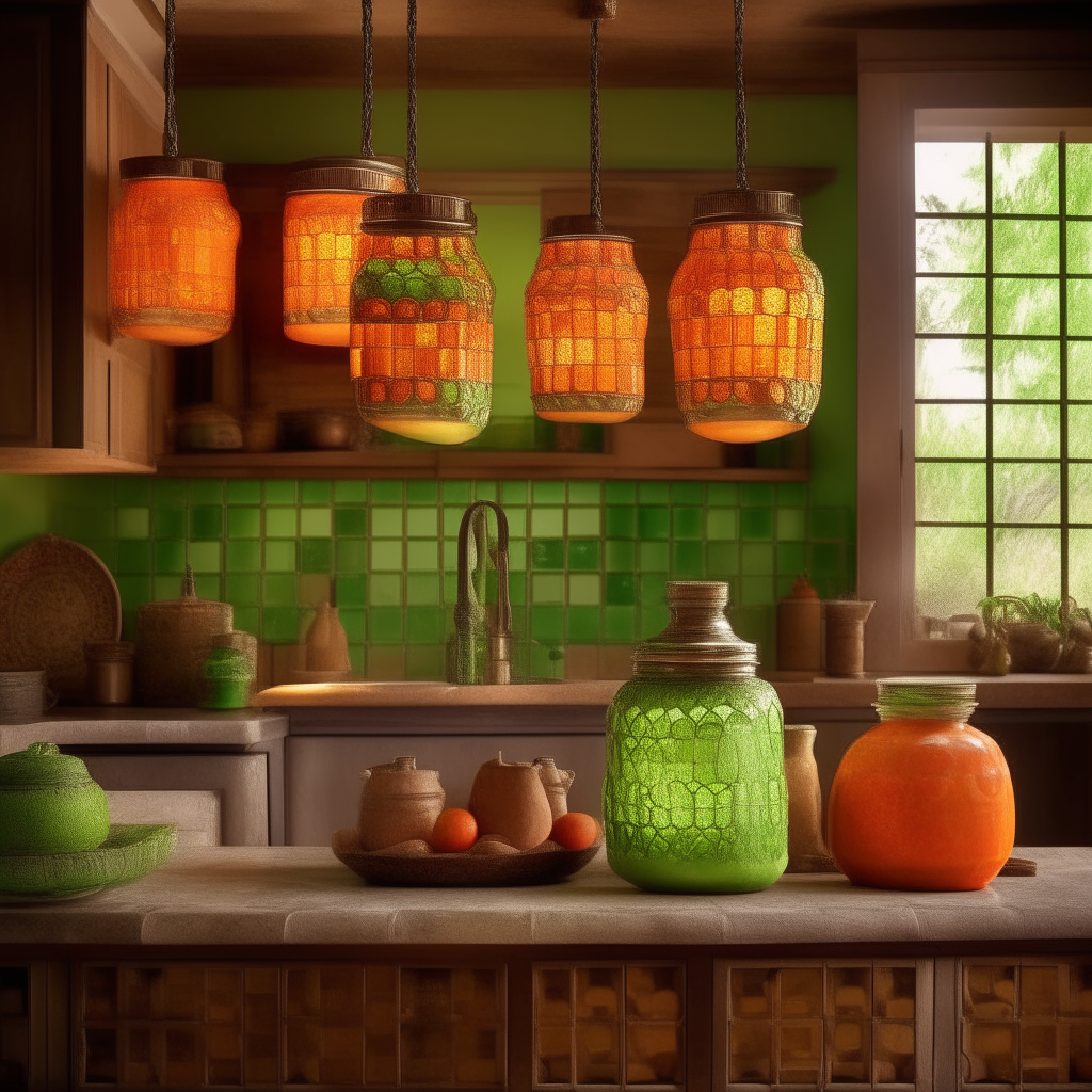 In a cozy corner of a bohemian-styled kitchen, the soft glow from a pendant light reveals a trio of jars, their contents a vibrant dance of lime green and sunset orange. Lime & Papaya Pickles, marinating in their tangy brine, sparkle like stained glass artifacts. The surrounding terracotta tiles are adorned with patterns that tell stories of faraway lands. Nearby, a woven basket of fresh limes and ripe papayas rests, its contents mirroring the colors within the jars. These jars stand proud on a reclaimed wood counter, awaiting the lid sealing that will lock in their flavors, capturing a moment of summer in a jar.