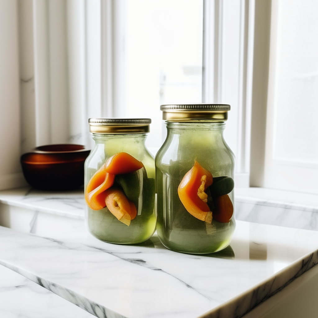 Two glass jars filled with lime and papaya pickles sitting next to each other on a white marble countertop in an Italian style kitchen. The jars take up over 40% of the image frame.