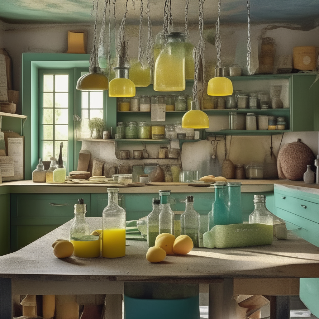 Amidst the rustic charm of a farmhouse-style kitchen with teal-painted cabinets, a marble countertop shines under the ambient glow of hanging pendant lights. At the center of this luminous aura, an artful arrangement of Olive & Lemon Pickles can be witnessed. Their jars, crystal clear with quaint handwritten labels, are meticulously lined up, revealing layers of vibrant green olives juxtaposed against sunlit yellow lemon slices. The tantalizing concoction within seems to dance in the soft gleam, with hints of herbs and spices submerged at the bottom. Beside the jars, a ceramic bowl overflows with fresh olives and lemon wedges, suggesting the artisanal effort behind the delicacy. The entire scene exudes an inviting aroma, an open invitation to a culinary journey.