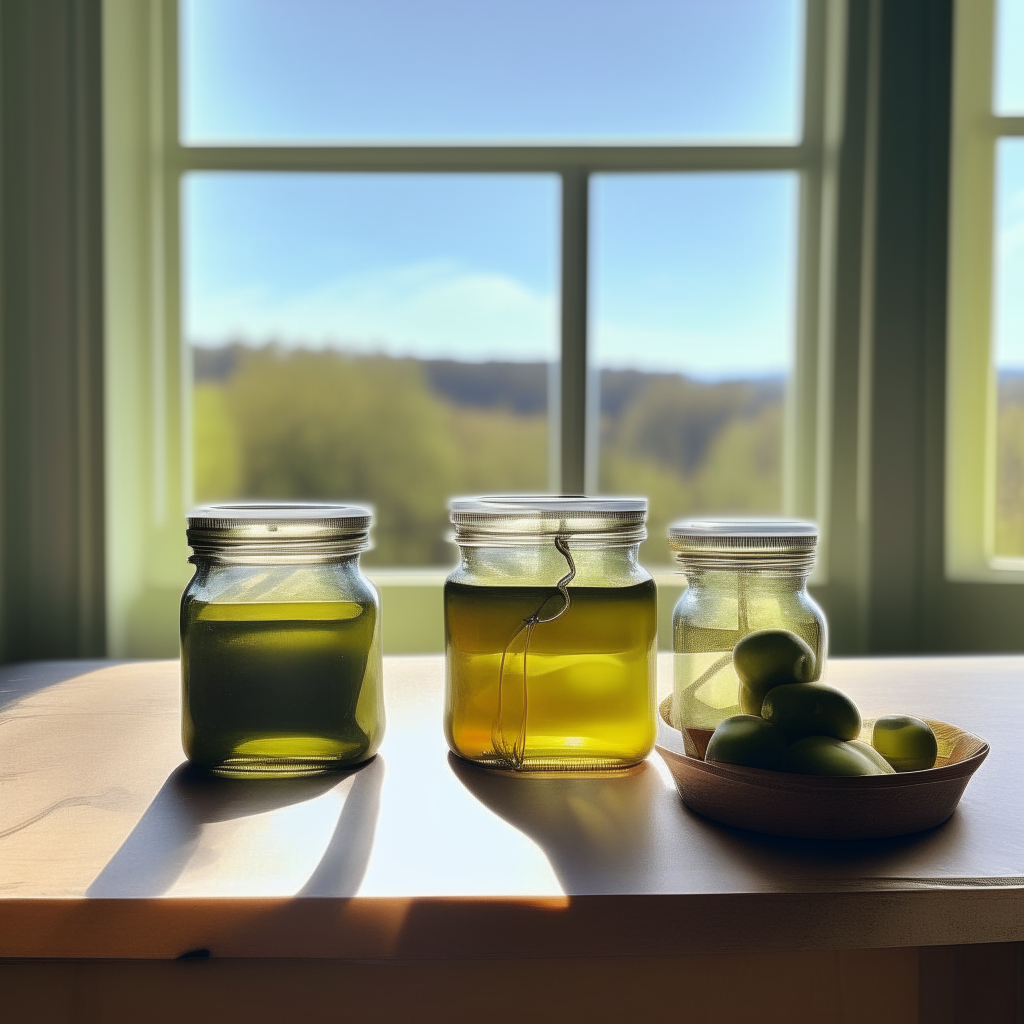 Two glass jars filled with olive and lemon pickles sitting next to each other on a light wood Danish kitchen table in front of a large sunny window overlooking green fields