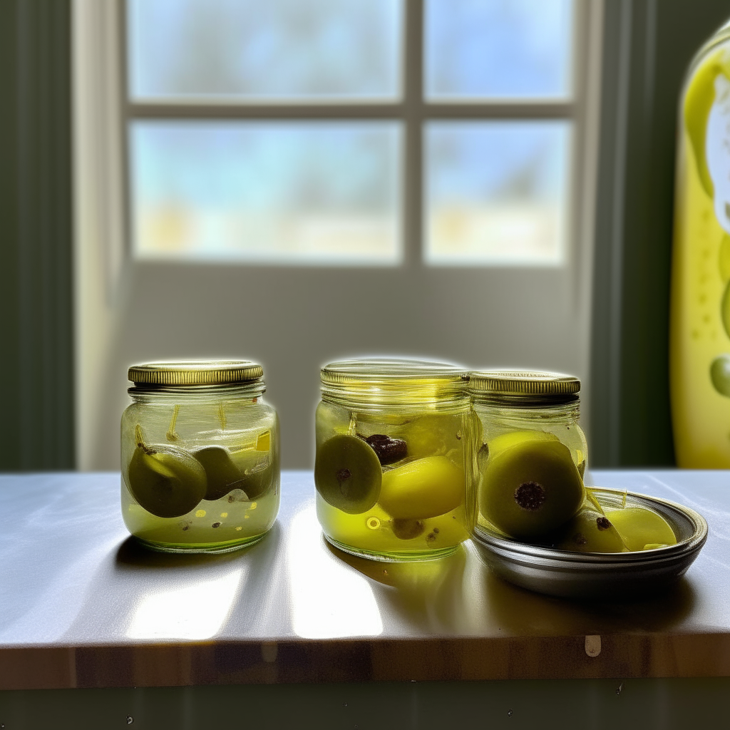 Two glass jars filled with olive and lemon pickles, slices clearly visible but sized appropriately to fit in the jars