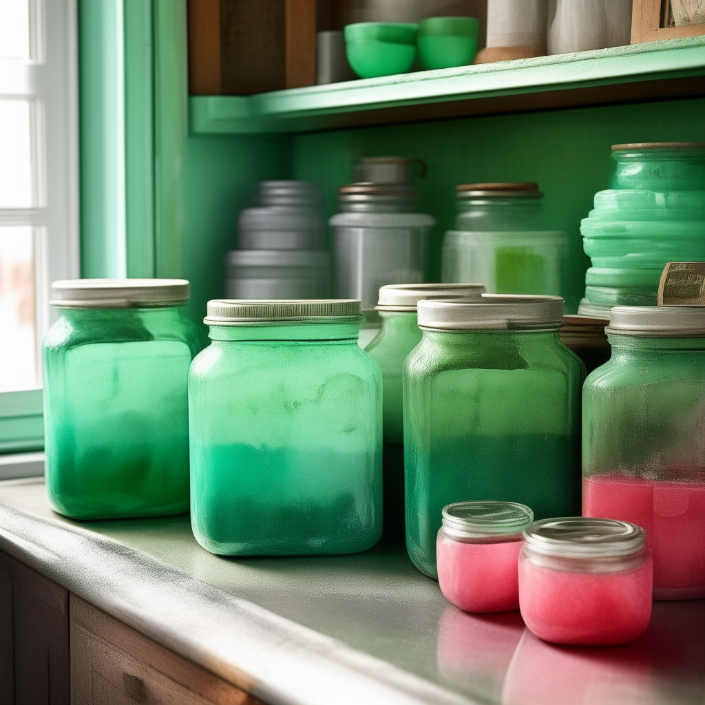 Amidst the vibrant ambiance of a turquoise-tiled backsplash, gleaming jars of watermelon rind pickles sparkle, their emerald contents juxtaposed against the soft pastels of vintage kitchen containers. Each jar, filled with luminescent greenish pickles, is set atop a weathered, gray wooden countertop. The ambient reflections cast by a metallic kettle, standing in the distant corner, subtly illuminate the jewel-like jars, making them appear as if they're harboring a secret, ancient recipe. One can almost hear the gentle hum of an old refrigerator and the faint aroma of other preserves resting nearby.