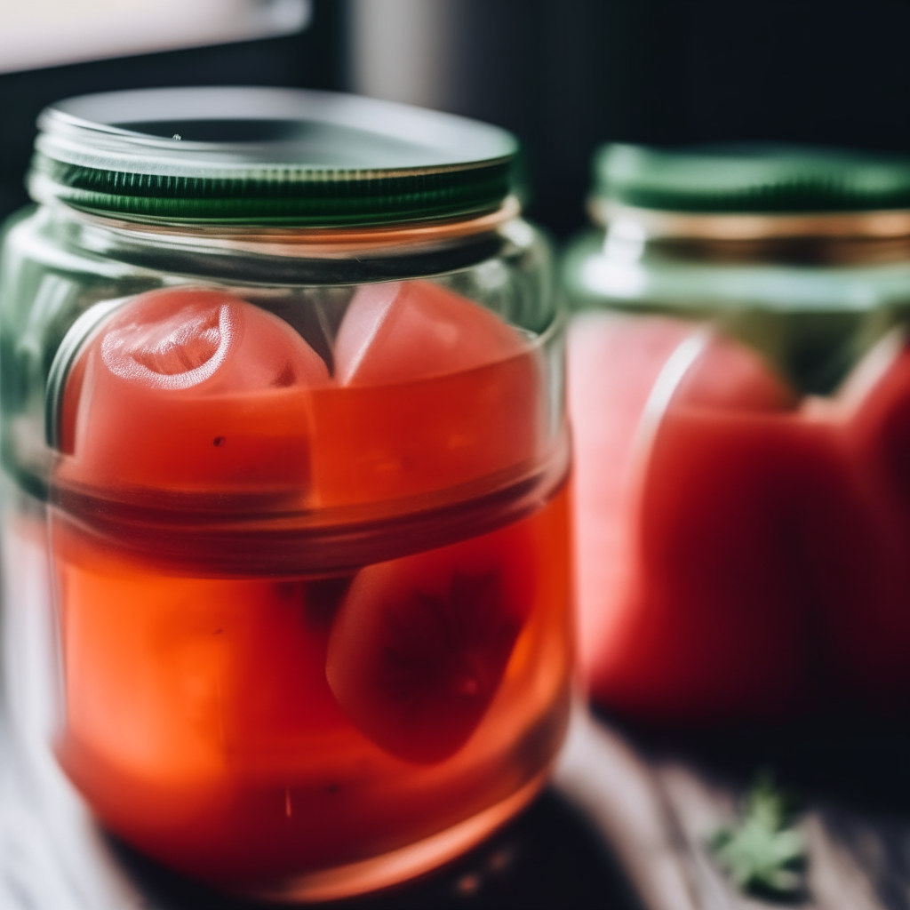 A close up view of two glass mason jars filled with watermelon rind pickles, sharp focus on the rinds and brine inside the jars