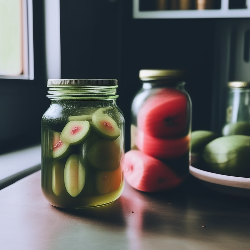 Two jars of watermelon rind pickles sitting next to each other on a gray wooden countertop in a vintage kitchen, soft lighting from the side, sharp focus on the pickles