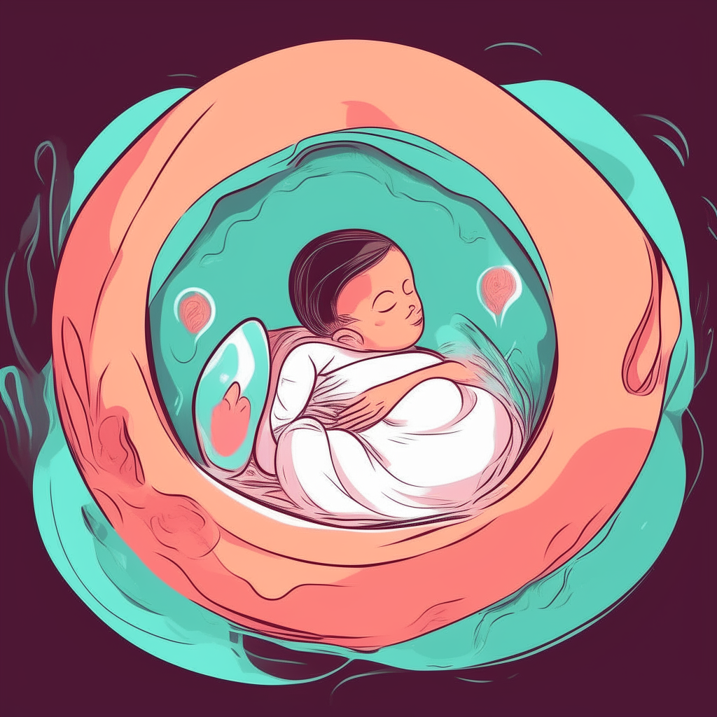 a baby floating inside the mother's womb in a foetal position.
cartoonish