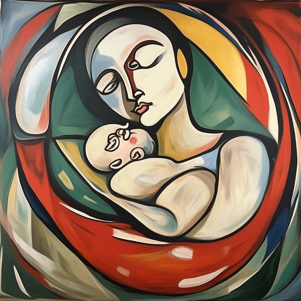 a baby floating inside the mother's womb in a foetal position.
style of picasso