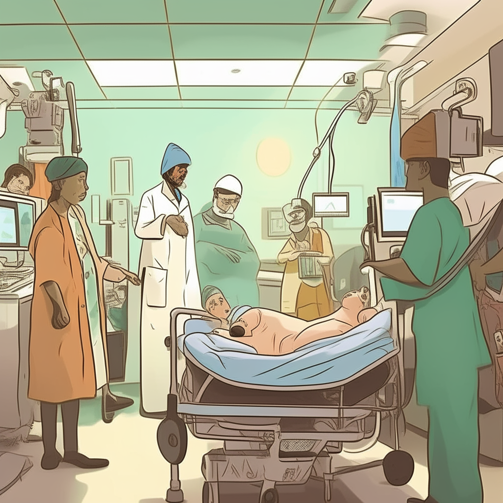 a delivery room inside a hospital. 3 smoking surgeons surround a mother who delivers a child. cartoonish
