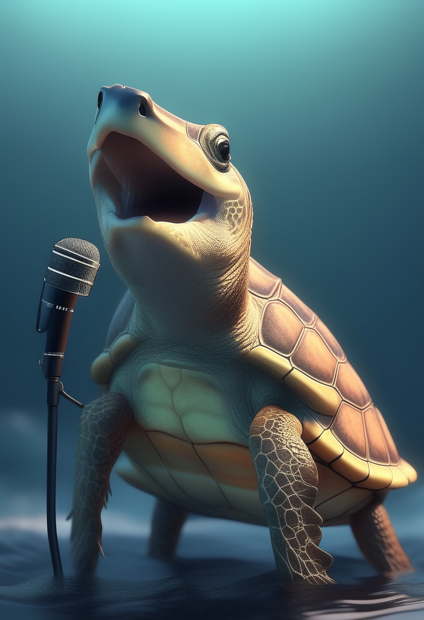 Turtle singing on the sea hold the microphone 