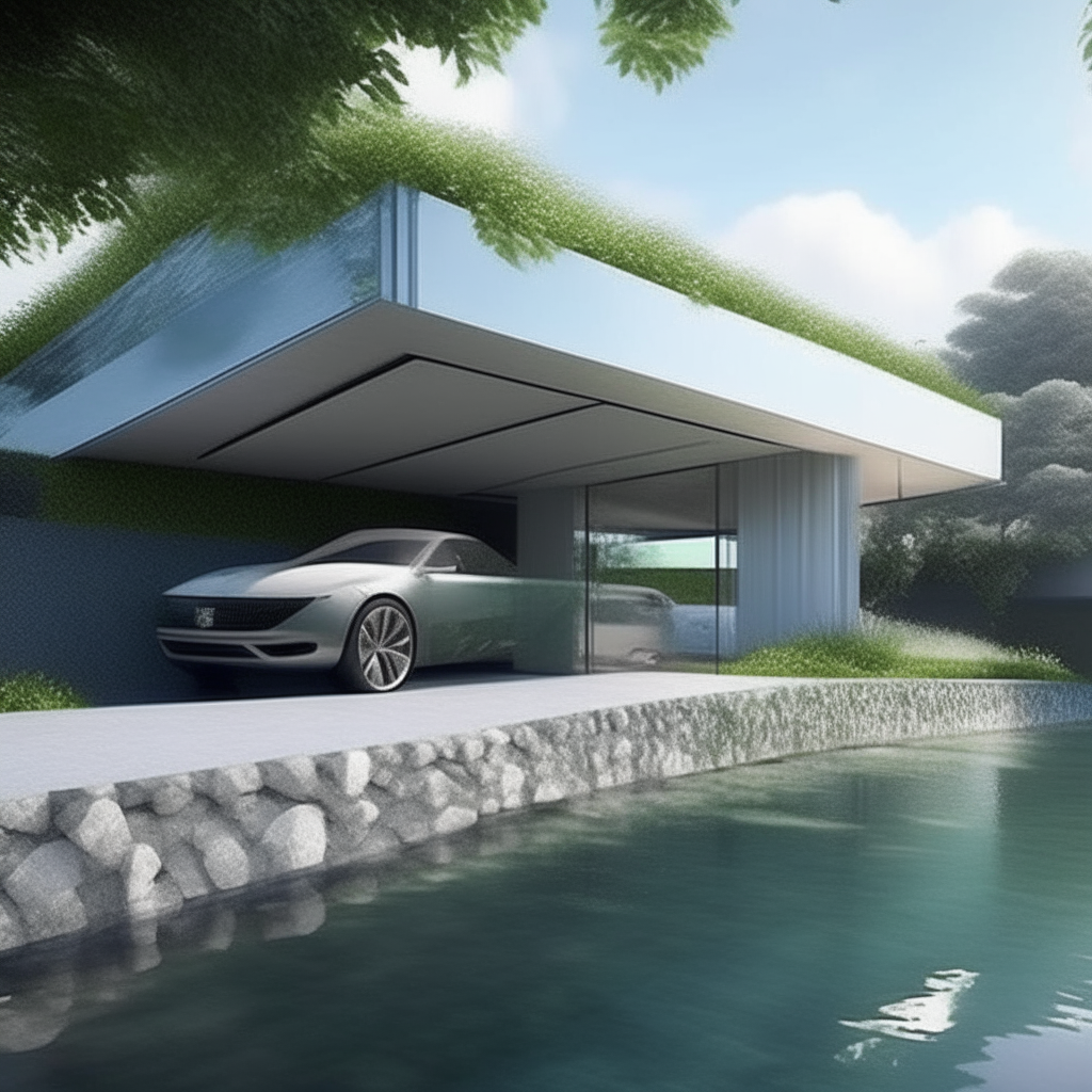 Water and Greenery Villa:

This villa features a water feature extending along the front wall of the house, creating a breathtaking scene.
The carport is submerged under a raised glass roof, providing protection for the cars while aesthetically showcasing them.