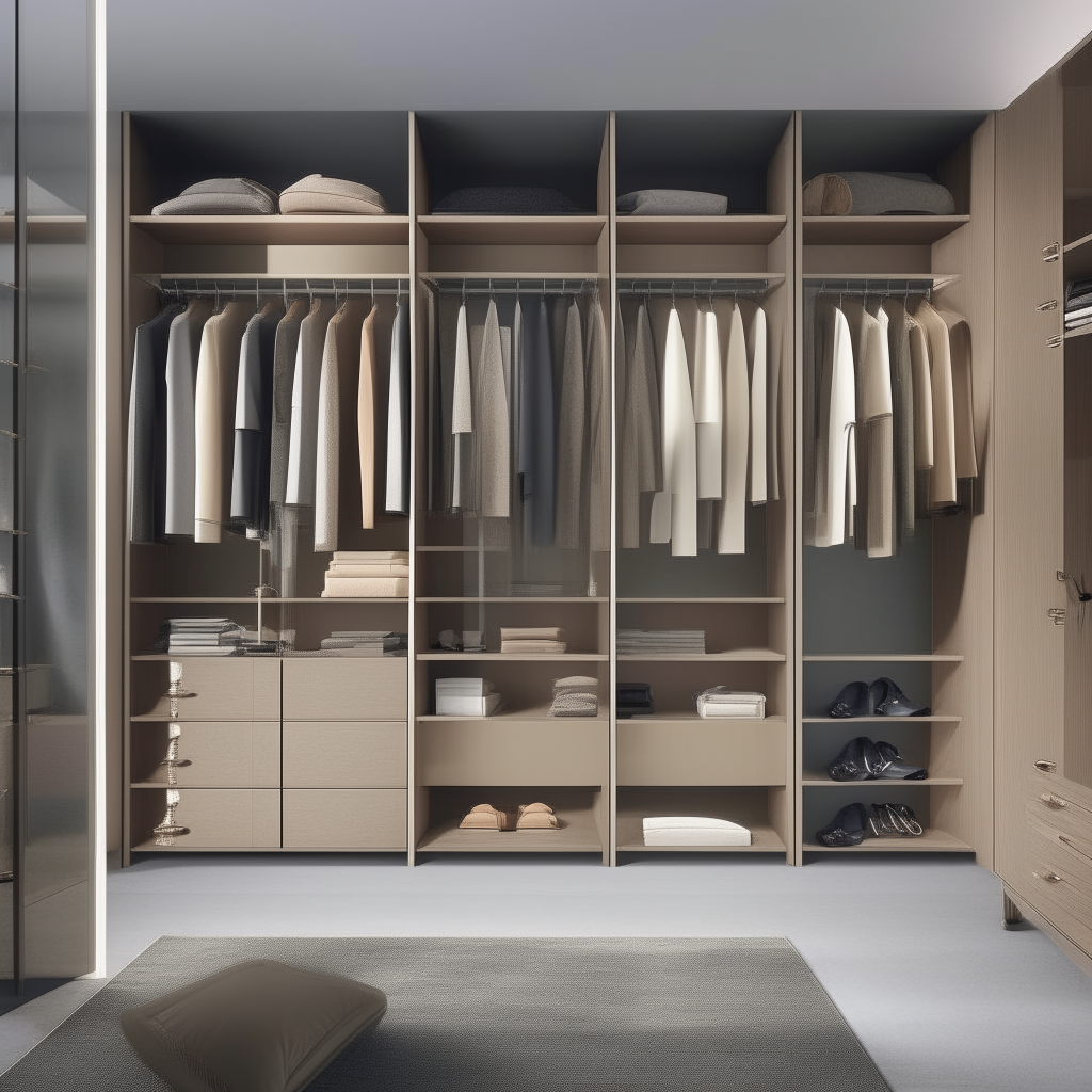 Customizable Sections: The wardrobe is divided into customizable sections to cater to individual needs. For example, one section may feature hanging space for suits and dresses, while another may have shelves for shoes and accessories.

