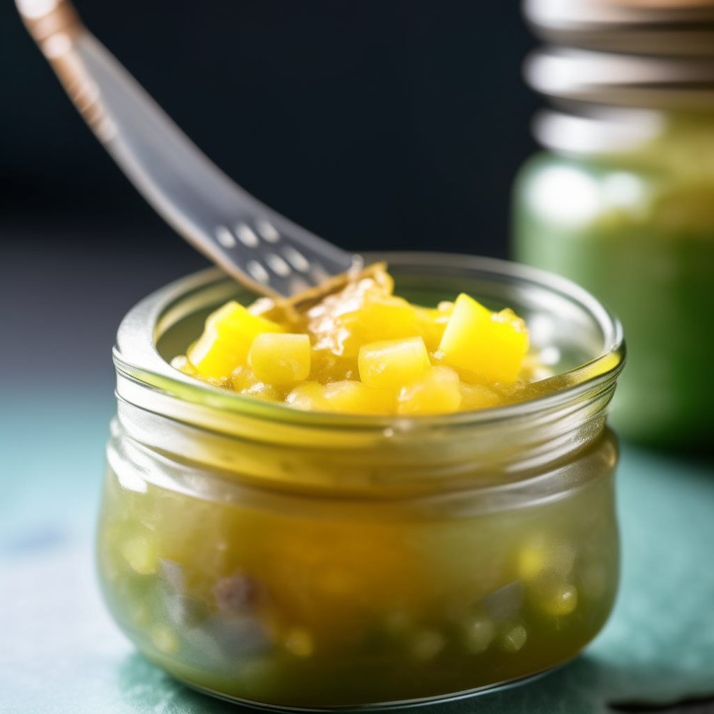 A close up photograph of an open jar with jalapeño pineapple relish inside, bright studio lighting, extremely sharp focus A close up photograph of a silver spoon holding a generous serving of jalapeño pineapple relish with intricate chunks of pineapple and jalapeño, extremely sharp focus, bright studio lighting A close up photograph of jalapeño pineapple relish in a jar with a silver spoon holding a serving, extremely sharp focus, bright studio lighting