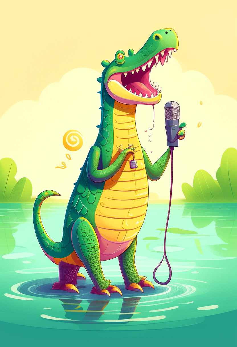 Crocodile singing on the lake hold the microphone 