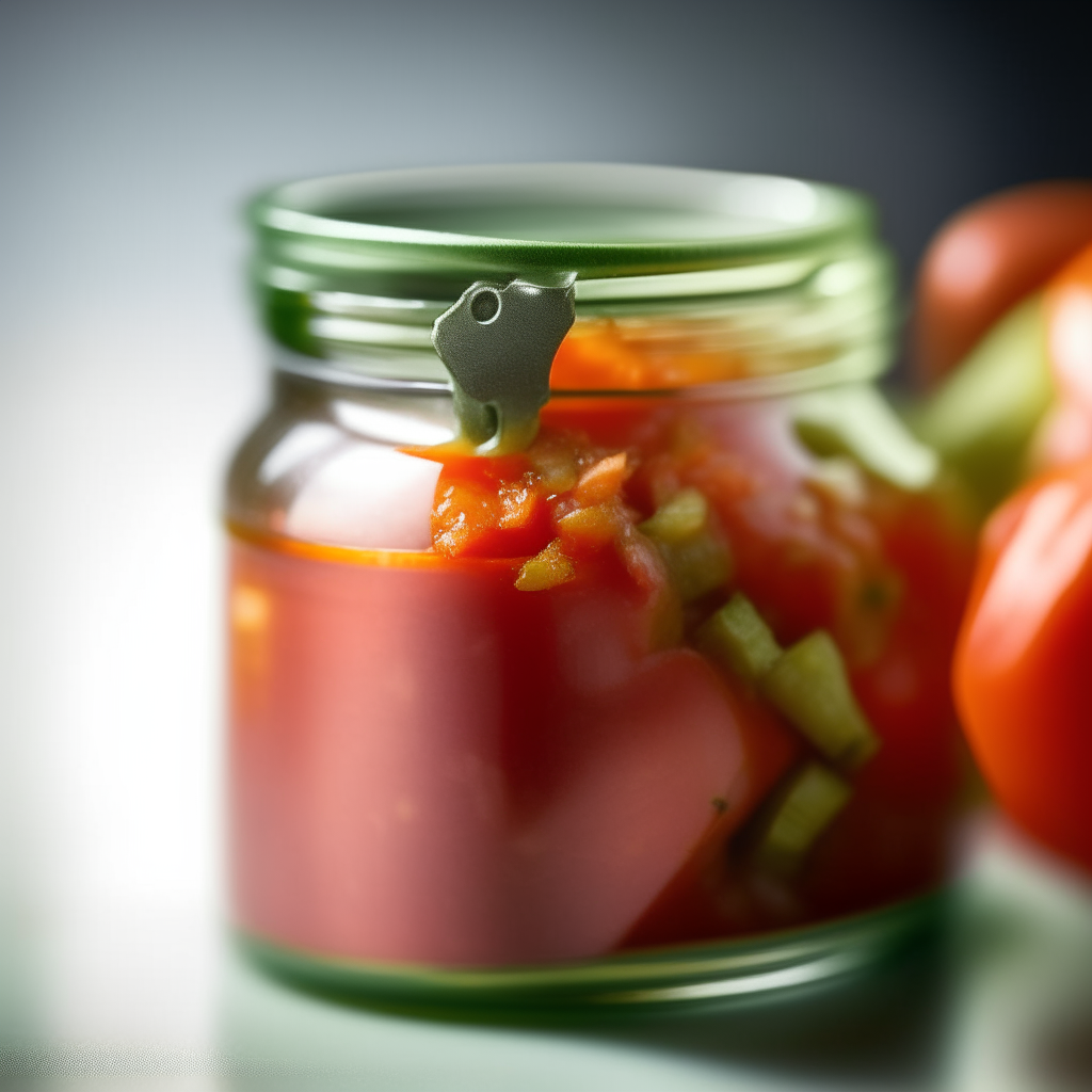 A close up photograph of a jar with zucchini tomato relish inside on a white countertop, extremely sharp focus, bright studio lighting A close up photograph of zucchini tomato relish in a jar with chunks of zucchini and tomato visible, extremely sharp focus, bright studio lighting A close up photograph of a jar of zucchini tomato relish on a wood countertop, extremely sharp focus, bright studio lighting