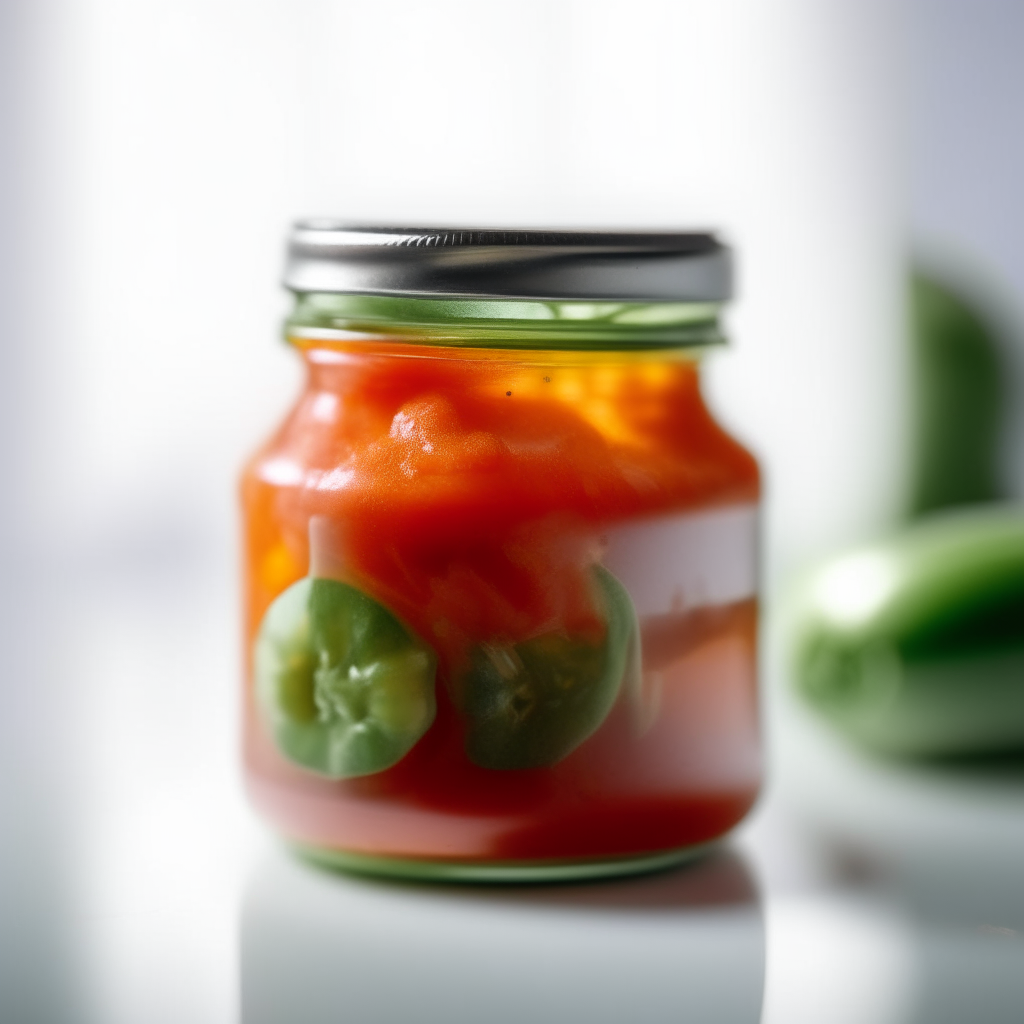 A close up photograph of a jar with zucchini tomato relish inside on a white countertop, extremely sharp focus, bright studio lighting