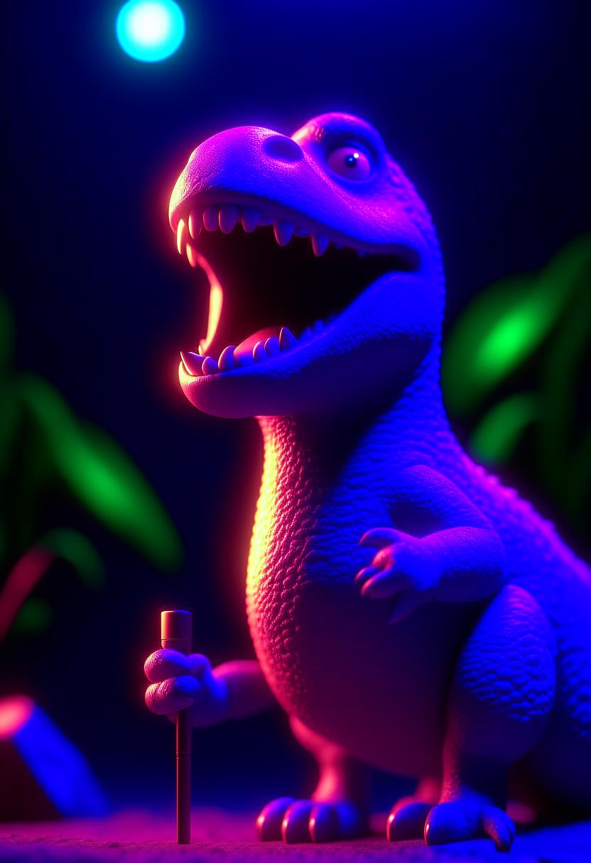Dinosaurus singing with hold the microphone 