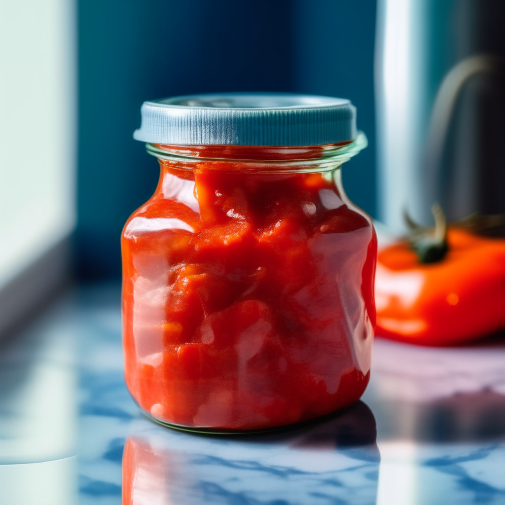 A close up photograph of a jar with red pepper garlic relish inside on a blue and white tiled countertop, extremely sharp focus, bright studio lighting A close up photograph of red pepper garlic relish in a jar with chunks of red pepper visible, extremely sharp focus, bright studio lighting A close up photograph of a jar of red pepper garlic relish on a marble countertop, extremely sharp focus, bright studio lighting