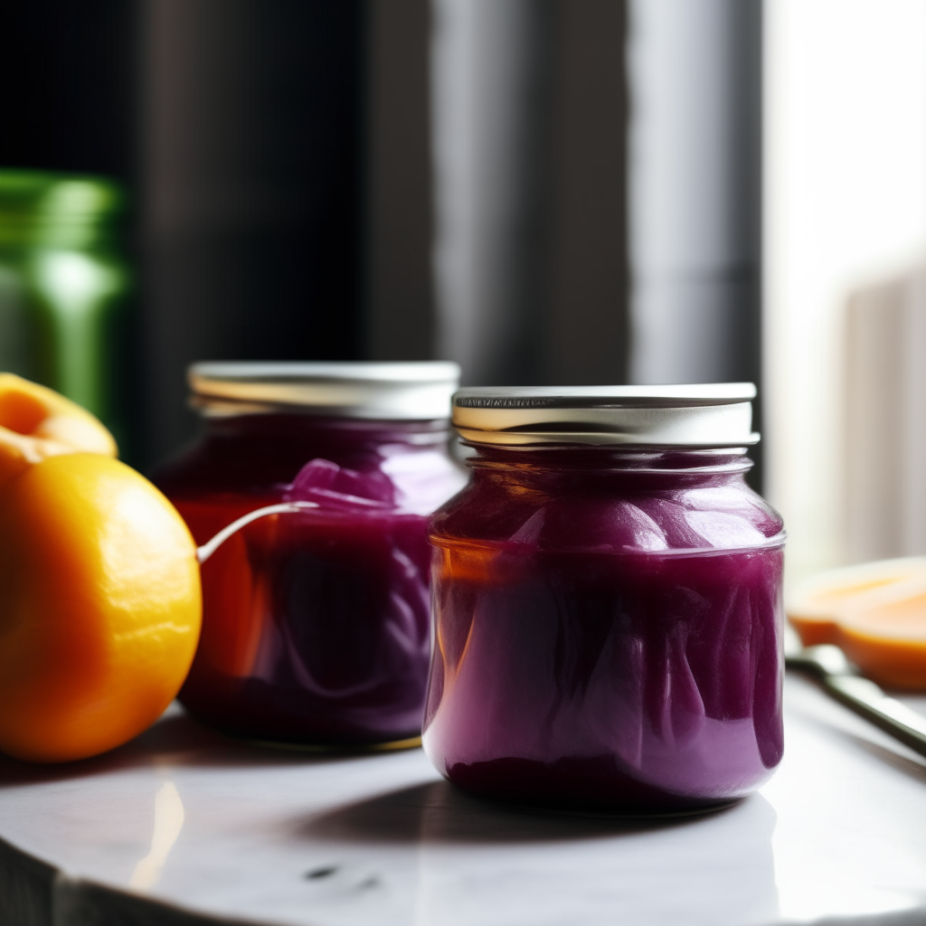 Two jars of mango and red onion relish on a marble countertop next to a brick wall, extremely sharp focus, bright studio lighting Close up of a jar of mango and red onion relish with slivers of red onion visible through the clear glass, extremely sharp focus Jars of mango and red onion relish on a marble countertop under a pendant light, extremely sharp focus