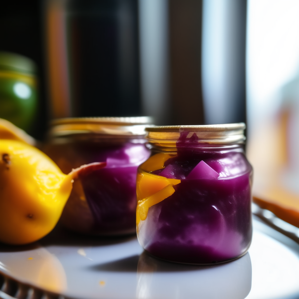 Close up of a jar of mango and red onion relish with lots of mango chunks visible through the clear glass, extremely sharp focus