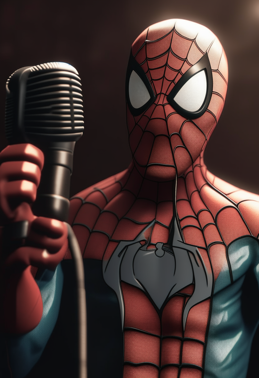 Spider man singing with hold the microphone 