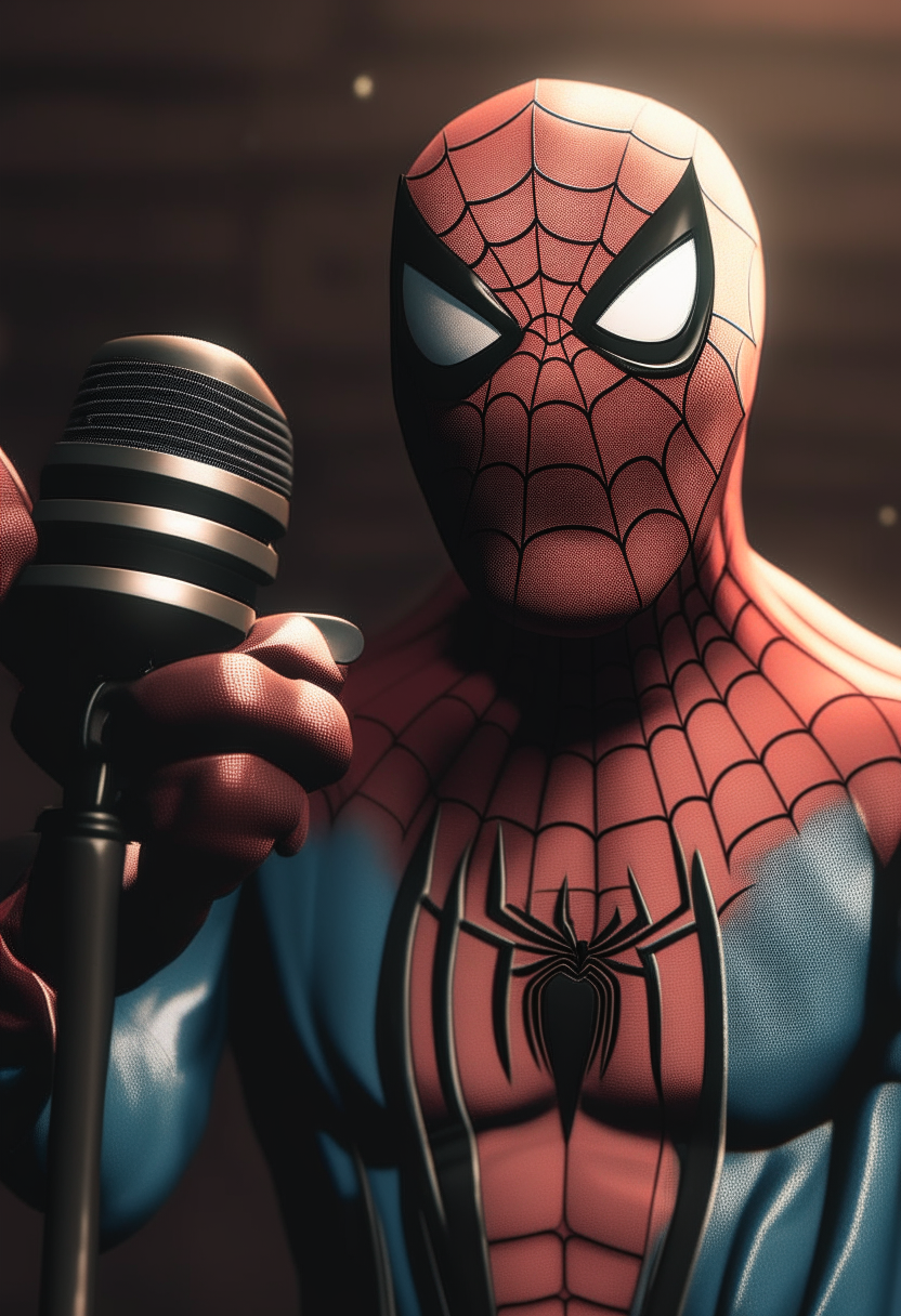 Spider man singing with hold the microphone 
