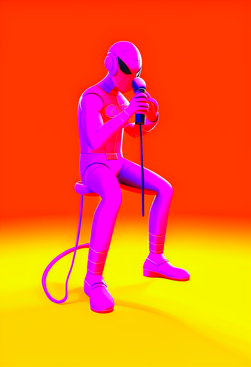 Spider man singing with hold the microphone 