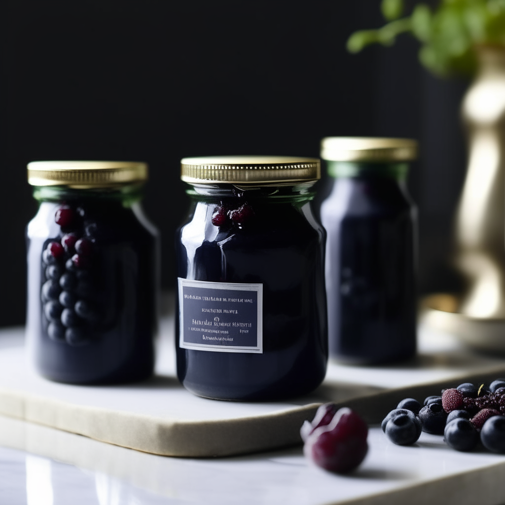 Three jars of blueberry balsamic relish on a black marble countertop next to a white backsplash and pendant lights, extremely sharp focus