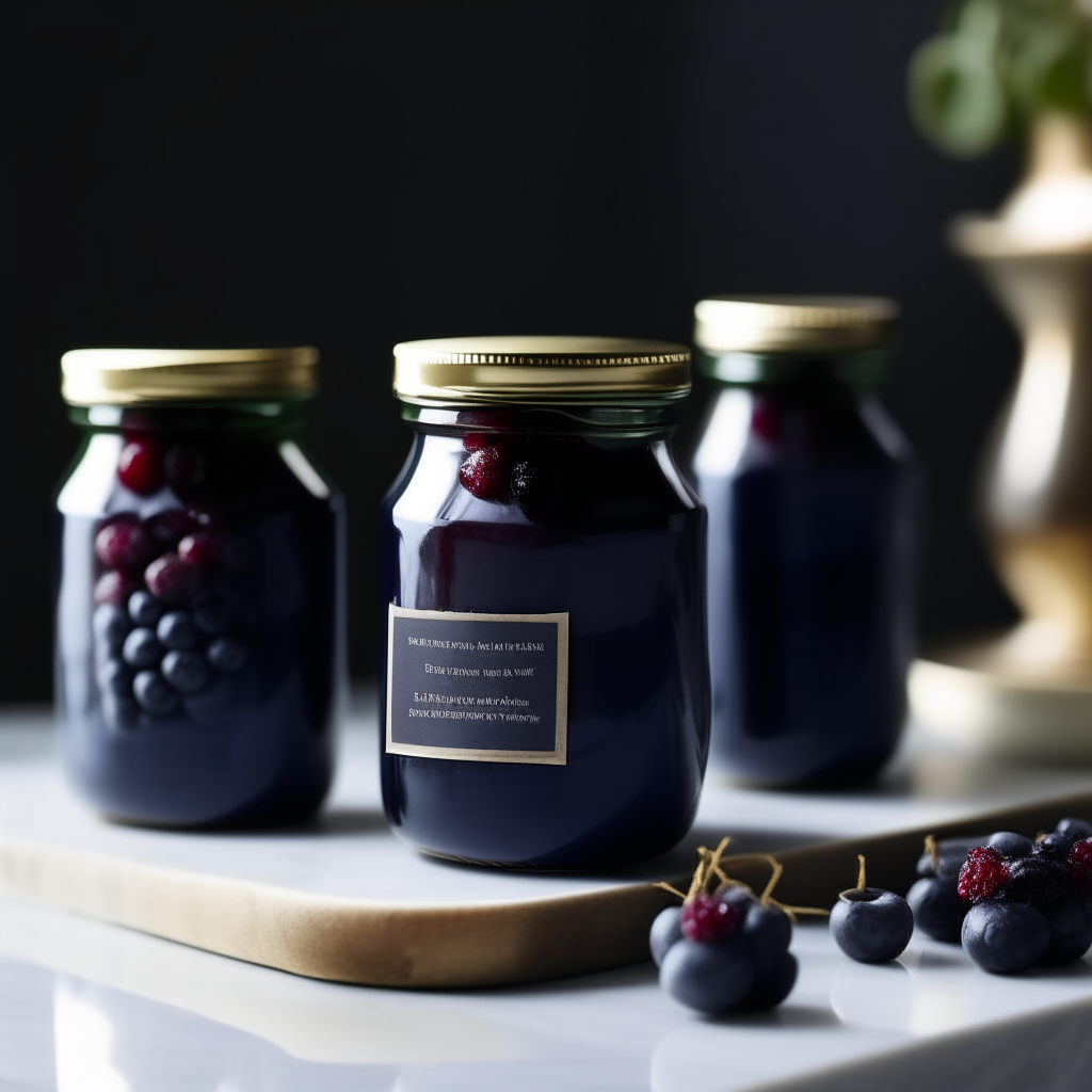 Three jars of blueberry balsamic relish on a black marble countertop next to a white backsplash and pendant lights, no labels, extremely sharp focus