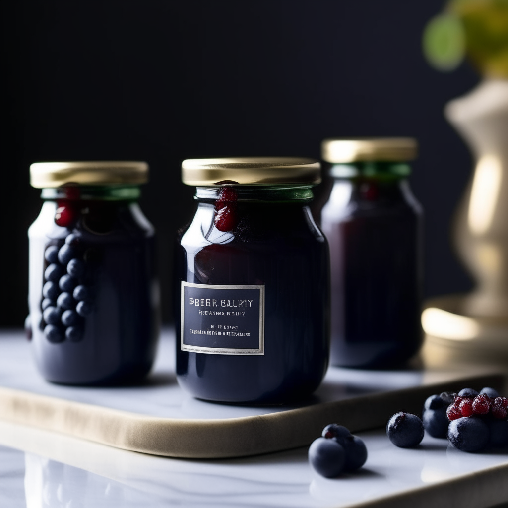 Three jars of blueberry balsamic relish on a black marble countertop next to a white backsplash and pendant lights, no label on the central jar, extremely sharp focus