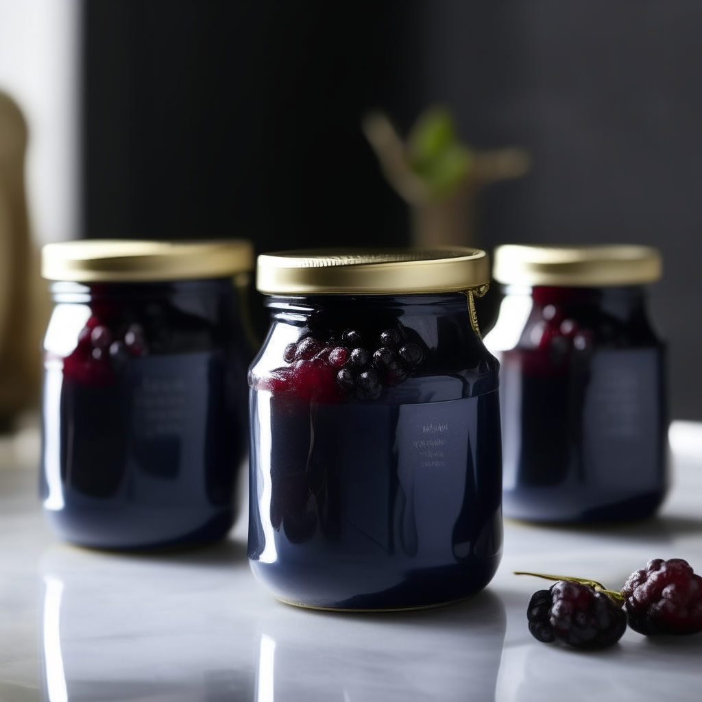 Three jars of blueberry balsamic relish on a black marble countertop next to a white backsplash and pendant lights, no labels on any jars, extremely sharp focus