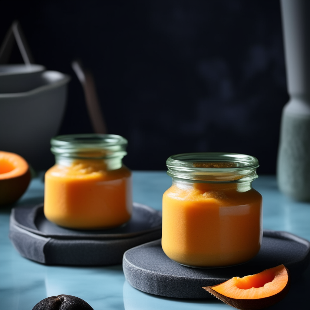 Two jars filled with papaya coconut chutney on a blue-grey marble countertop, extremely sharp focus Papaya coconut chutney in a jar next to a halved papaya and cracked open coconut, extremely sharp focus Jars of papaya coconut chutney on a kitchen island under pendant lights, extremely sharp focus