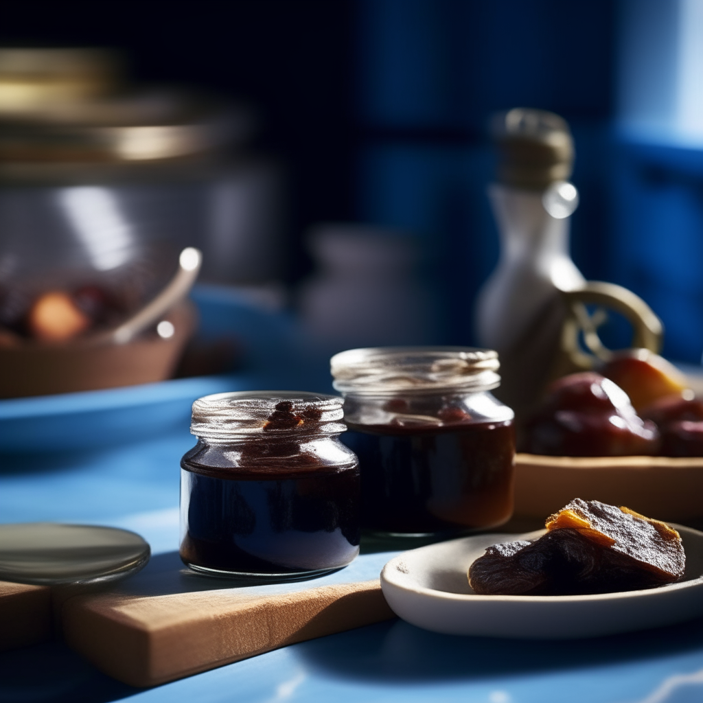 Two jars of fig balsamic chutney on a blue kitchen island under pendant lights, extremely sharp focus Fig balsamic chutney in jars next to a loaf of bread, extremely sharp focus Jars of fig balsamic chutney on a rustic kitchen island, extremely sharp focus