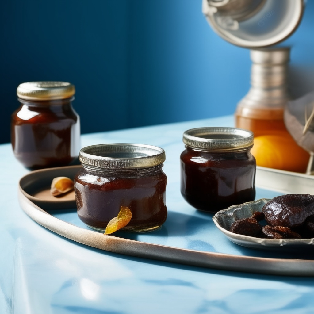 Tamarind date chutney in a bowl on a silver tray next to jars with lids, on a blue marble countertop, extremely sharp focus Jars and a bowl of tamarind date chutney, extremely sharp focus Tamarind date chutney in jars and a bowl on a marble countertop by a yellow wall, extremely sharp focus