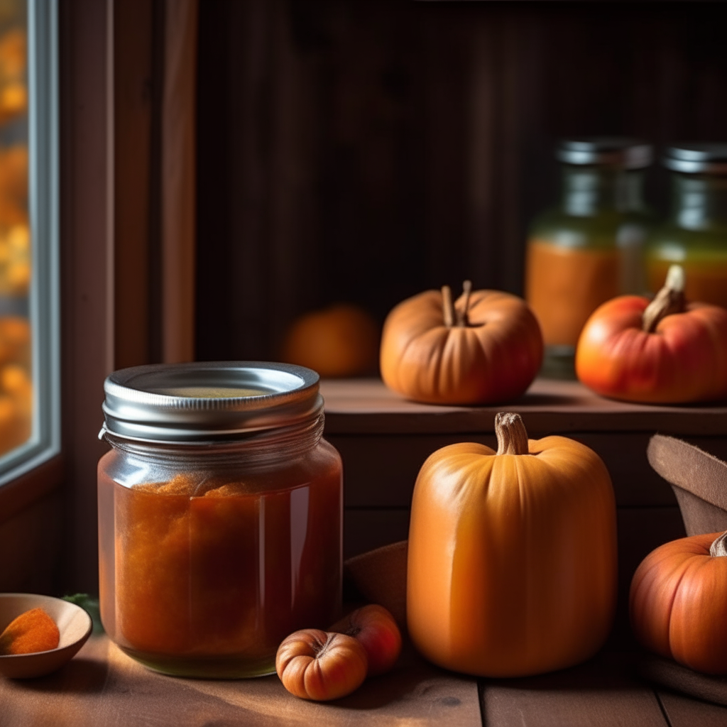 Two jars of pumpkin apple chutney on a wooden counter by a brick wall, extremely sharp focus Pumpkin apple chutney in jars next to pumpkins and apples in a basket, extremely sharp focus Jars of pumpkin apple chutney on a counter with pumpkin pie spices, extremely sharp focus