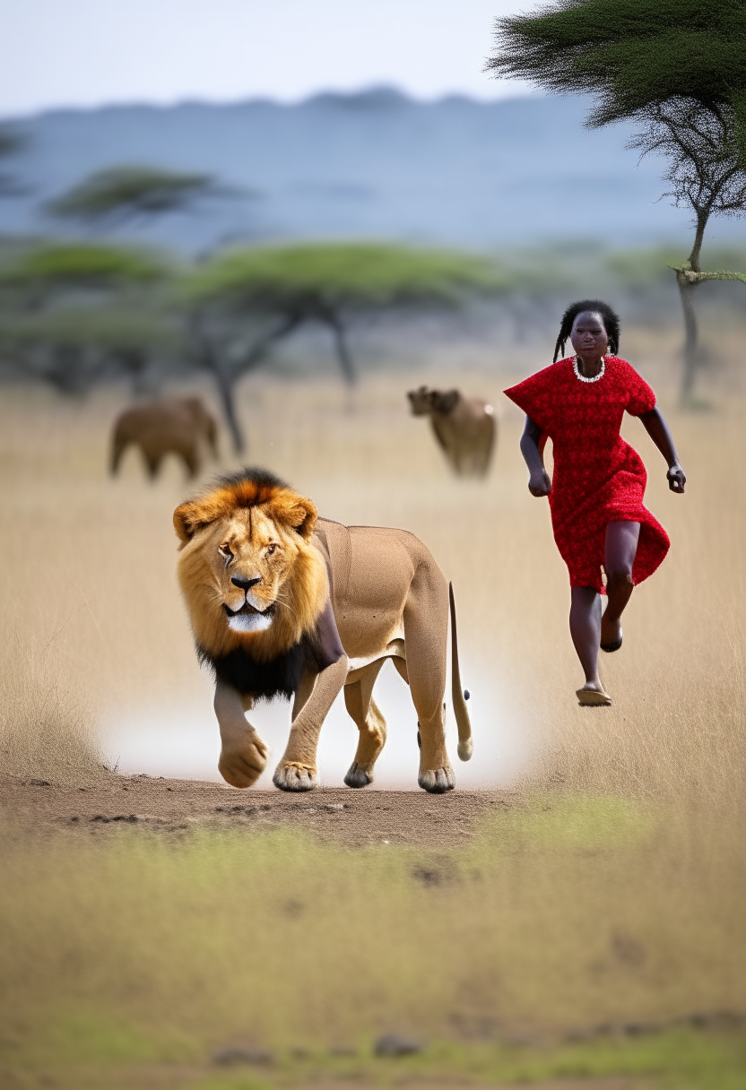 African Maasai villagers running away from large lion 