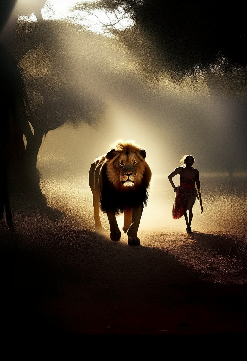 African Maasai villagers running away from large lion 